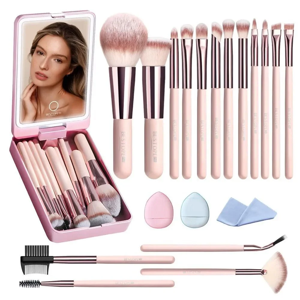 20 Pcs Pink Travel Makeup Brush Set With Led Light Mirror Holder & 2 Powder Puff